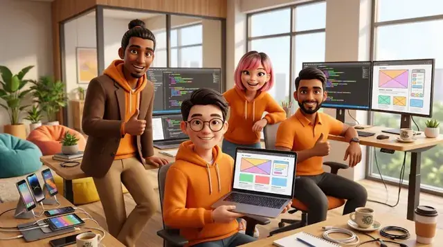 The Kopi Pixel web team planning and building a website (AI image)
